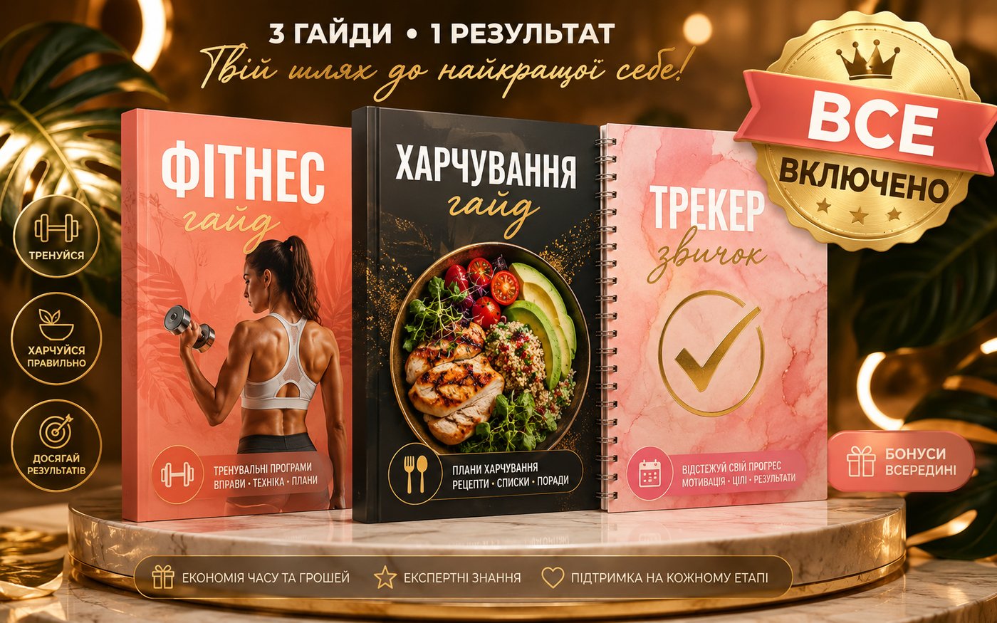 Три обкладинки поруч: гайд тренувань, гайд харчування, трекер прогресу
